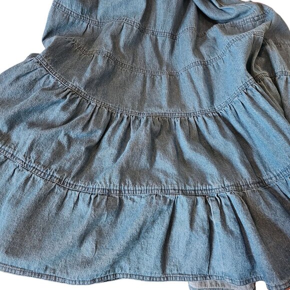 90s Womens Large Denim Jean Tiered Skirt Western Pullon Maxi Long Boho Cowgirl - Picture 2 of 9